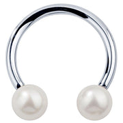 14K white gold circular barbell with cultured white pearl ends, front view