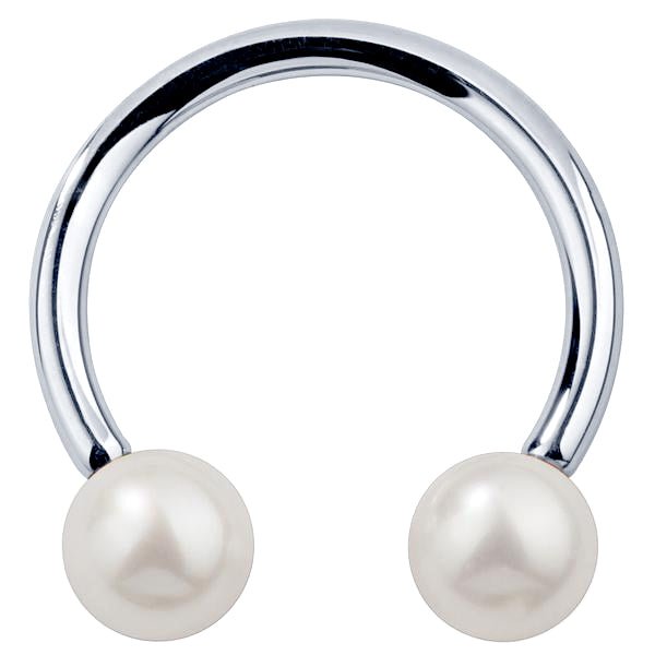 14K white gold circular barbell with cultured white pearl ends, front view