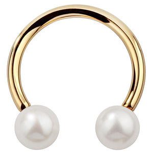 14K yellow gold cultured pearl circular barbell, front view on white background