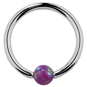 14K white gold captive bead ring with purple opal bead, polished silver-tone hoop front view