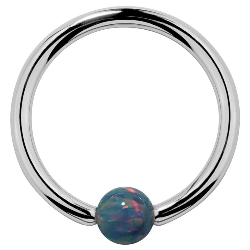 14K white gold captive bead ring with teal simulated opal bead, front view showing mirror polish