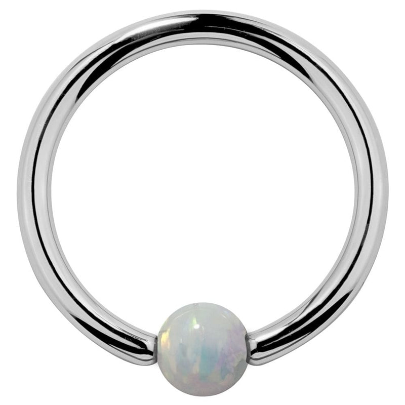 14K white gold captive bead ring with iridescent white opal ball, front view on white background
