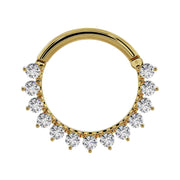 14k yellow gold CZ petal clicker ring, larger diameter front view showing full stone spread
