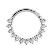 14k white gold CZ petal clicker ring, larger diameter showing full row of graduating CZ stones