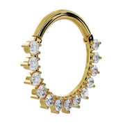Angled side profile of 14K yellow gold diamond petal clicker ring showing larger diameter and stone depth