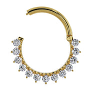 14K yellow gold diamond petal clicker ring shown open at hinge, larger size with 10 round diamonds