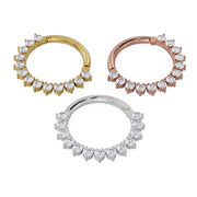 Larger diameter diamond petal clicker ring compared in 14K yellow gold, rose gold, and white gold