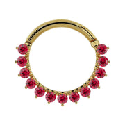 14K yellow gold garnet clicker ring larger diameter view showing full petal stone arrangement