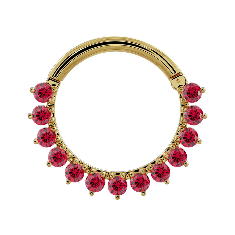 14K yellow gold garnet clicker ring larger diameter view showing full petal stone arrangement