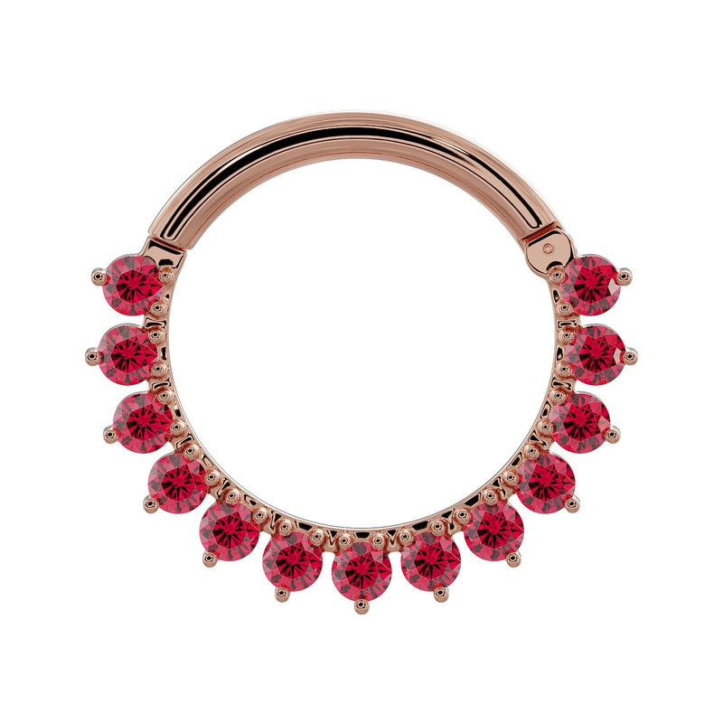 14K rose gold garnet clicker ring larger diameter showing full row of Mozambique garnet petals