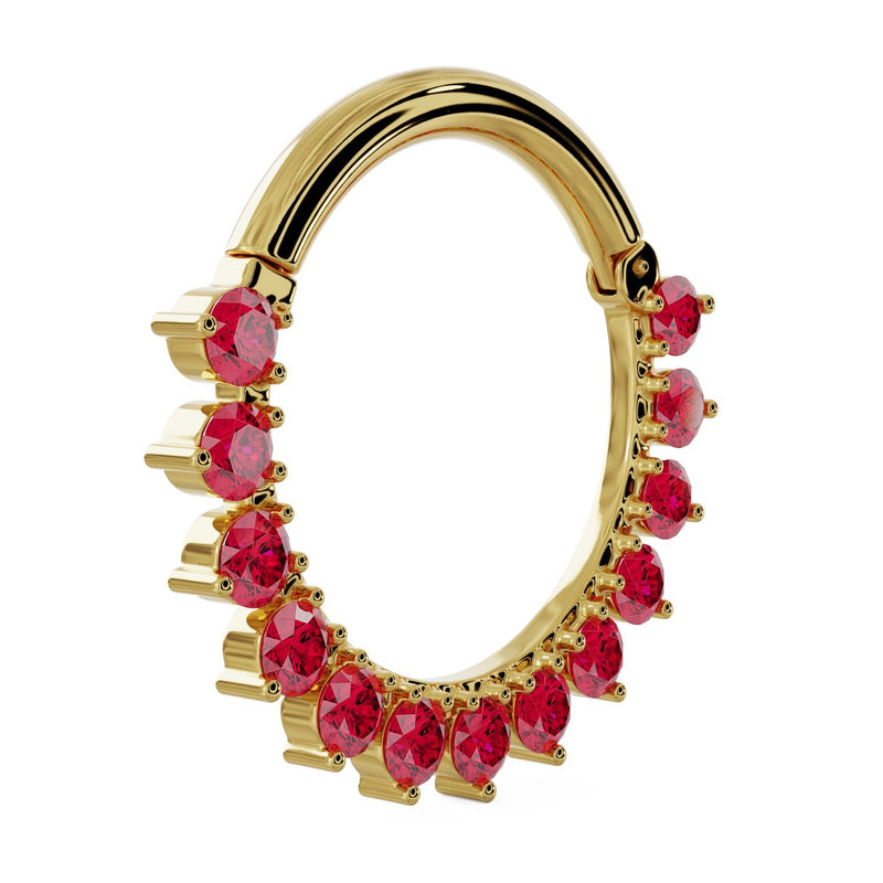 Side profile of 14K yellow gold garnet petal clicker ring showing prong setting and ring depth
