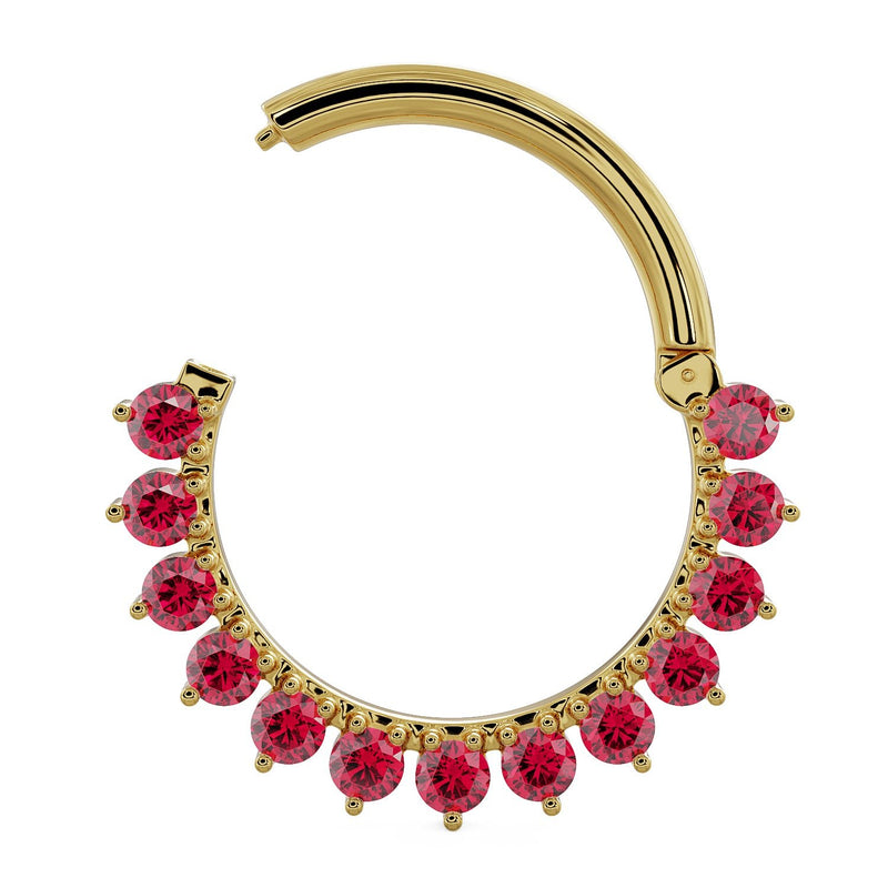 14K yellow gold garnet clicker ring shown open from a slight angle, highlighting the clicker clasp