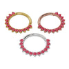 All three metal color options of garnet petal clicker ring shown at larger diameter for comparison