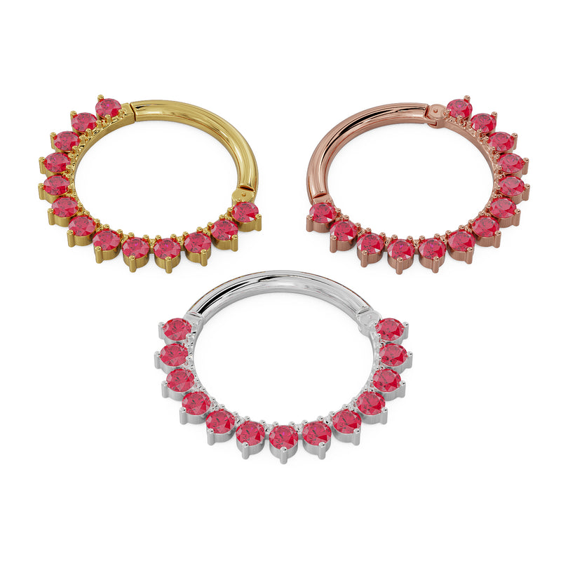 All three metal color options of garnet petal clicker ring shown at larger diameter for comparison