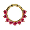 14K yellow gold garnet clicker ring with tiered petal-set Mozambique garnets, front view