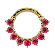 14K yellow gold garnet clicker ring with tiered petal-set Mozambique garnets, front view