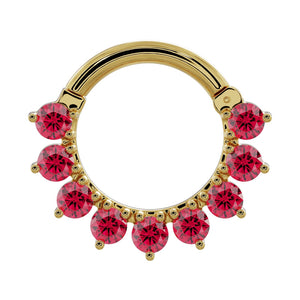 14K yellow gold garnet clicker ring with tiered petal-set Mozambique garnets, front view