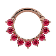 14K rose gold garnet clicker ring with tiered petal-set Mozambique garnets, front view