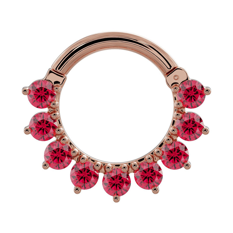 14K rose gold garnet clicker ring with tiered petal-set Mozambique garnets, front view