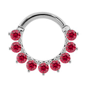14K white gold garnet clicker ring with tiered petal-set Mozambique garnets, front view