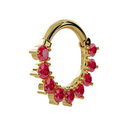 Angled side view of 14K yellow gold garnet petal clicker ring showing depth of stone setting