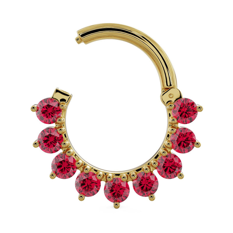 14K yellow gold garnet clicker ring shown open, revealing the clicker hinge mechanism