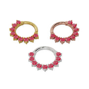 Garnet petal clicker ring in all three metal options: 14K yellow gold, rose gold, and white gold