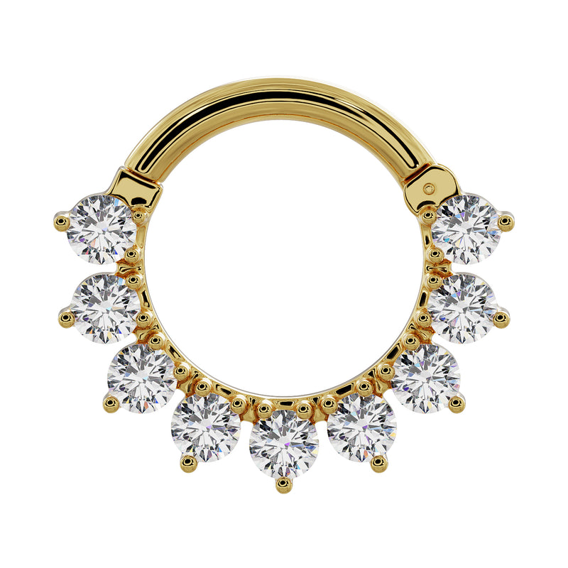 14K yellow gold diamond petal clicker ring with 9 prong-set round diamonds, front view