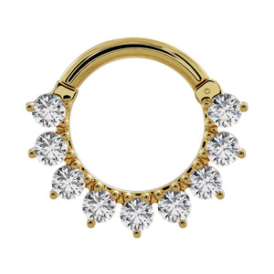 14k yellow gold CZ petal clicker ring, front view showing prong-set cubic zirconia fan design