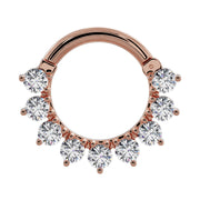 14k rose gold CZ petal clicker ring front view, round CZ stones in petal fan arrangement