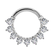 14k white gold CZ petal clicker ring, front view with sparkling round cubic zirconia settings