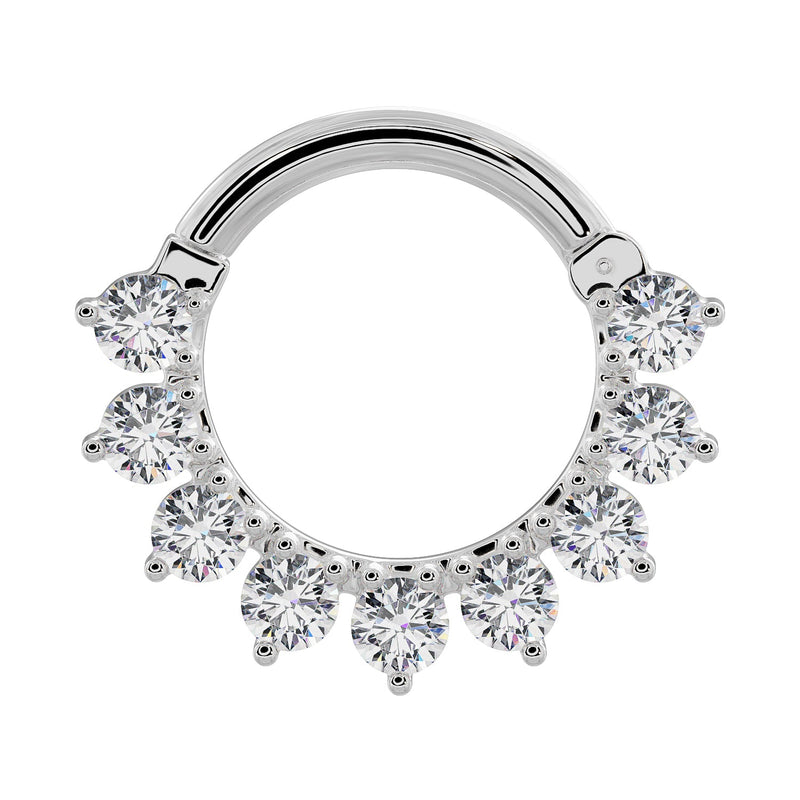 14k white gold CZ petal clicker ring, front view with sparkling round cubic zirconia settings