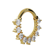 Angled side view of 14K yellow gold diamond petal clicker ring showing depth of prong settings