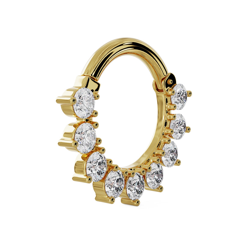 Angled side view of 14K yellow gold diamond petal clicker ring showing depth of prong settings