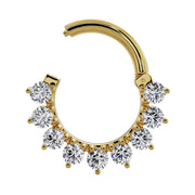 14k yellow gold CZ clicker ring shown open, displaying the hinged clicker closure mechanism