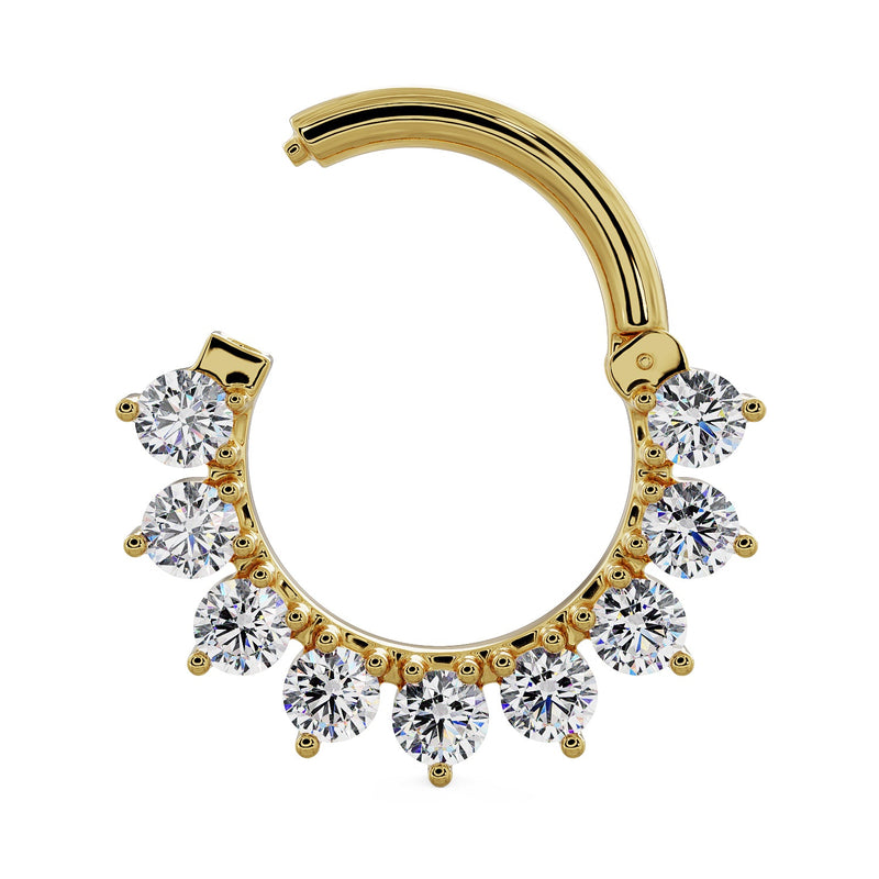 14k yellow gold CZ clicker ring shown open, displaying the hinged clicker closure mechanism