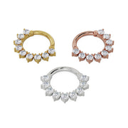 CZ petal clicker ring in all three metal options: 14k yellow gold, rose gold, and white gold