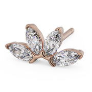 Angled side view of 14k rose gold marquise fan stud earring showing warm tone setting and post