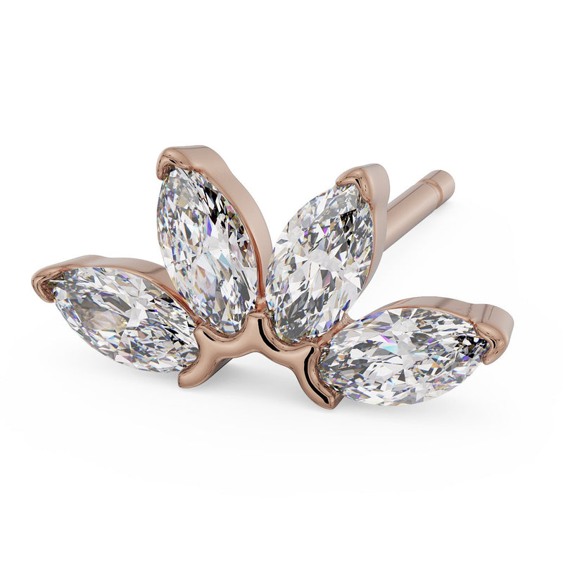 Angled side view of 14k rose gold marquise fan stud earring showing warm tone setting and post