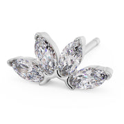 Angled side view of 14k white gold marquise fan stud earring highlighting stone arrangement and post