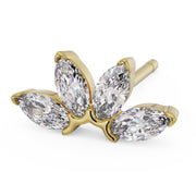 Angled side view of 14k yellow gold marquise fan stud earring showing prong setting and post