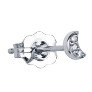 14k white gold tiny crescent moon diamond pave stud earring with butterfly backing, side view