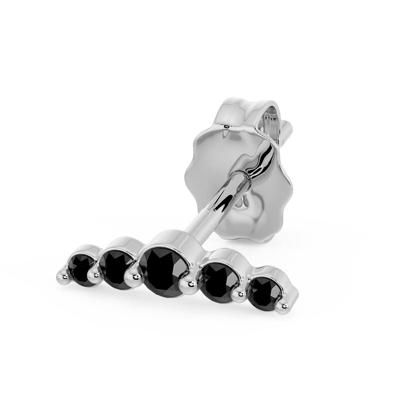 14k white gold mini climber earring with five black diamond stones and butterfly backing, side view