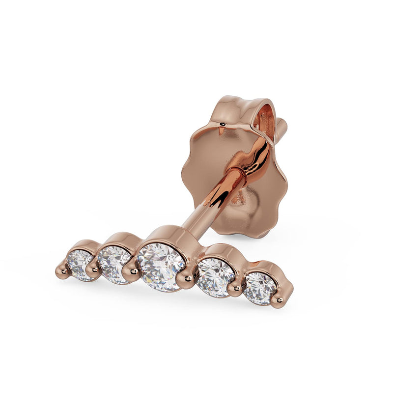 14k rose gold mini climber earring with five CZ stones, angled view showing post and butterfly back