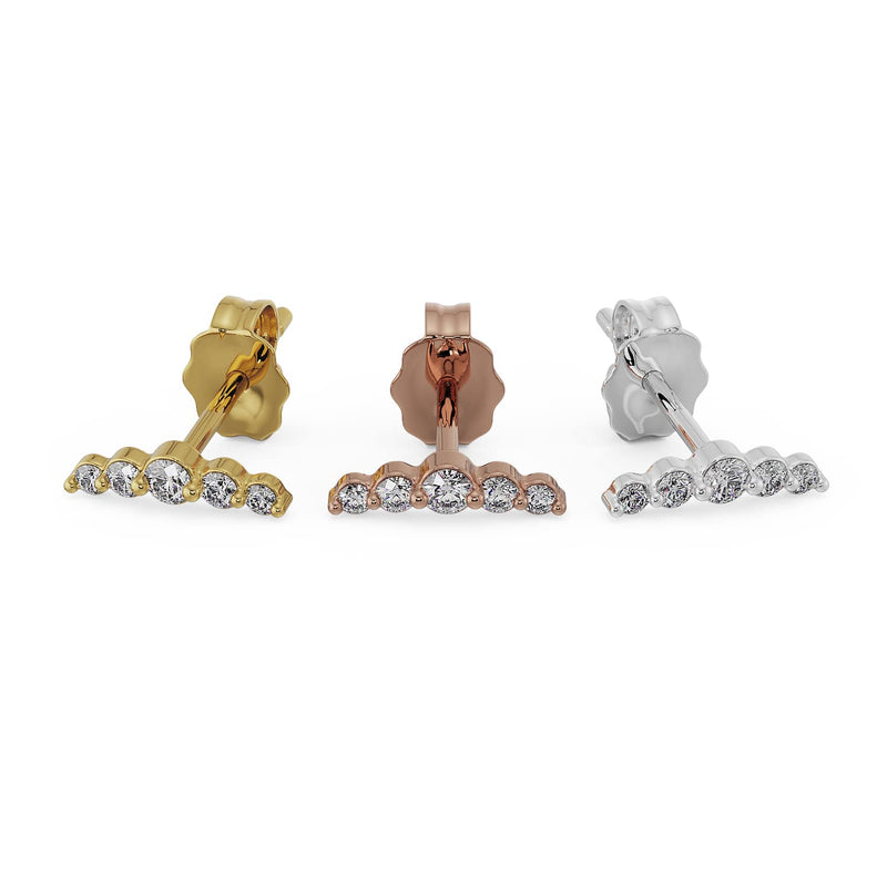 Mini climber earring in 14k yellow gold, rose gold, and white gold side-by-side color comparison
