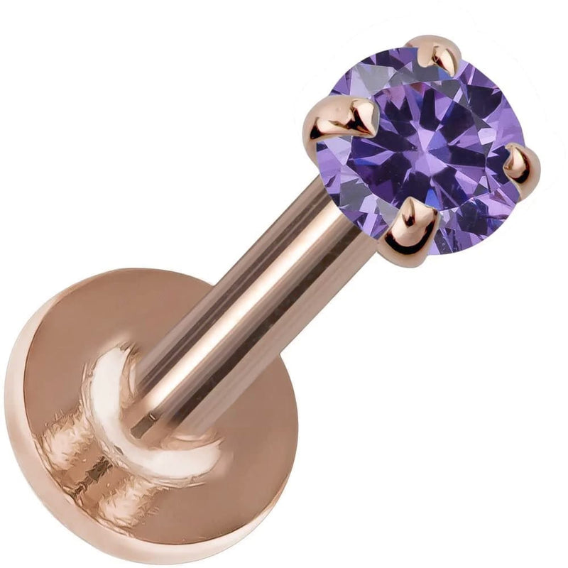 14K rose gold flat back labret with 3mm prong-set purple amethyst and flat disc backing, angled view