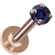 3mm blue sapphire prong-set flat back labret in 14K rose gold showing post and flat disc backing