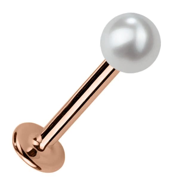 4mm cultured pearl flat back labret stud in 14K rose gold, angled view showing warm-toned post and disc