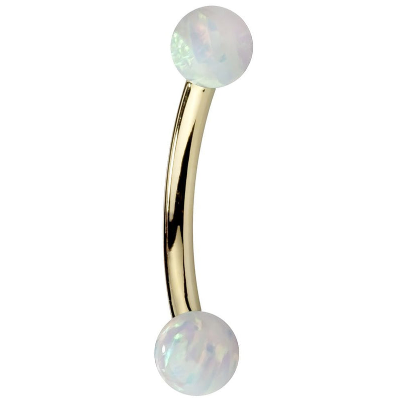 14K yellow gold curved barbell with iridescent simulated opal balls, side profile view