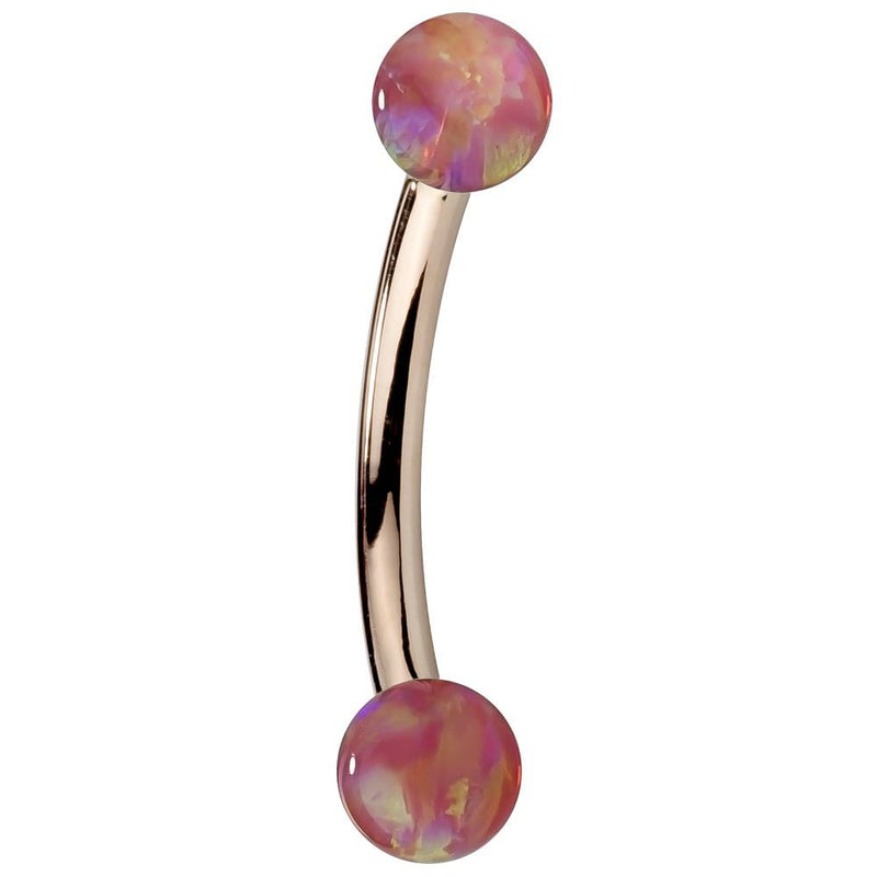 Pink simulated opal curved barbell in 14K rose gold, warm-toned bar with swirled opal balls